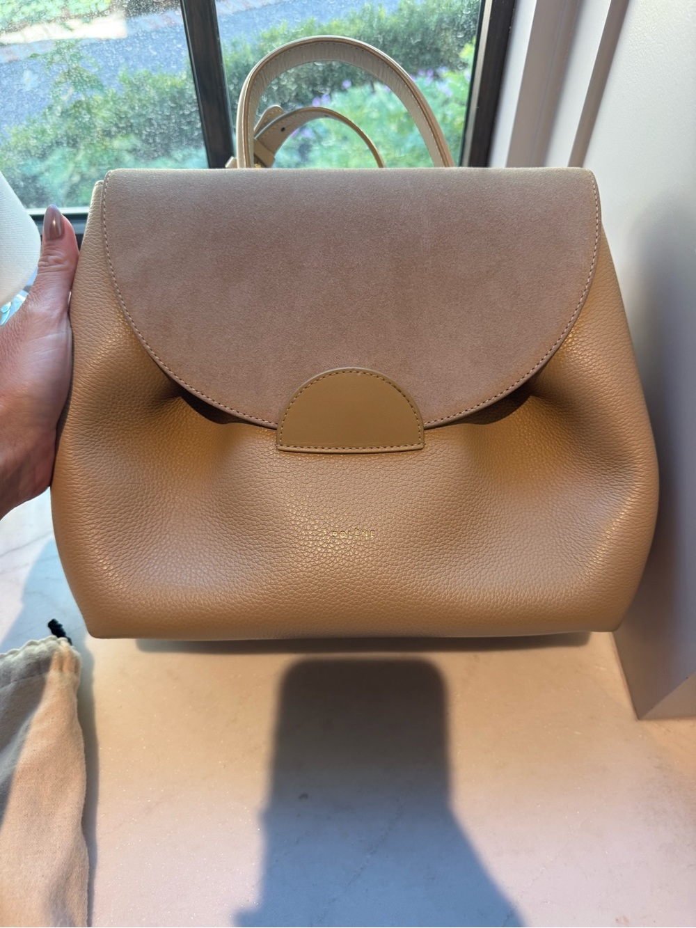 Polène Two-Tone Pebbled Leather Top-Handle Satchel in Tan and Beige